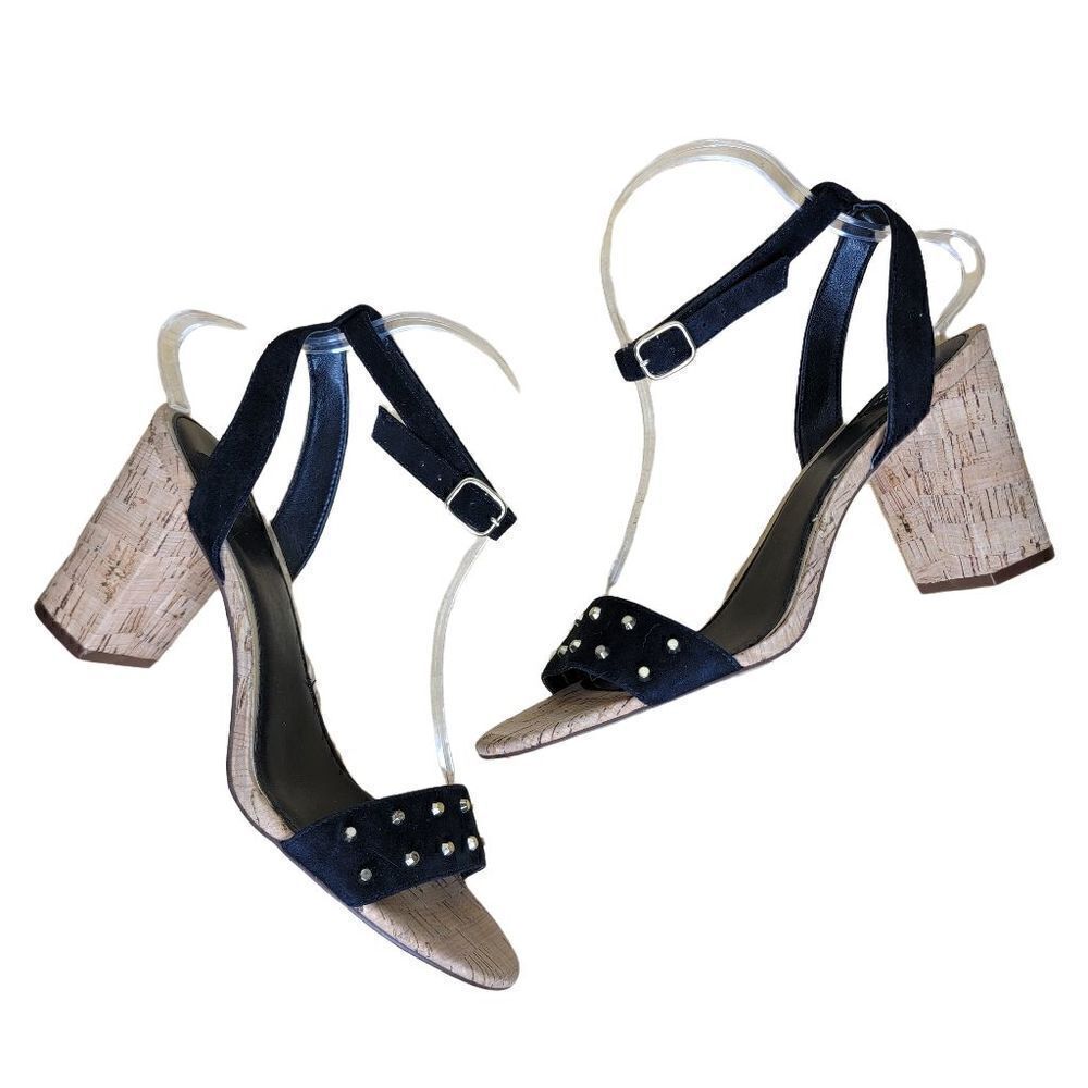 White House Black Market Rexx Stud Buckle Ankle Strap Heel Cork Black Size 9.5